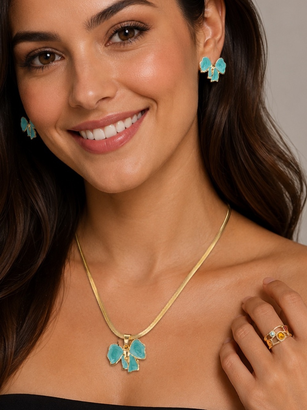 Gold-Plated Green Enamel Bow Pendant Necklace, Ring and Earrings Set